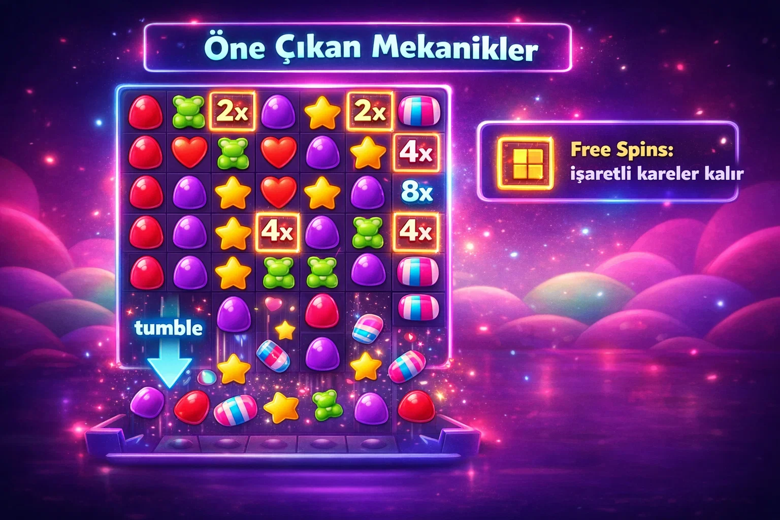 Sugar Rush tumble ve carpan kareleri semasi